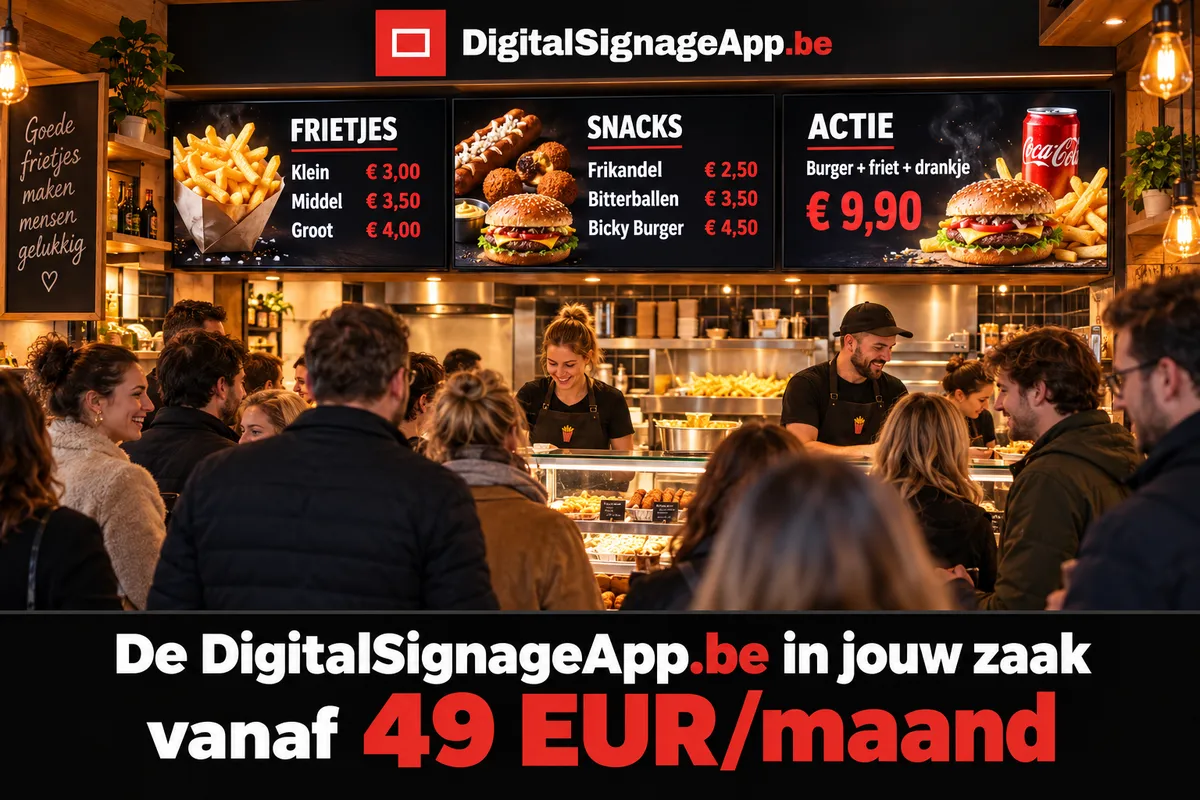 Drukke frituur met drie digitale menuborden en de boodschap: De DigitalSignageApp.be in jouw zaak vanaf 49 EUR per maand